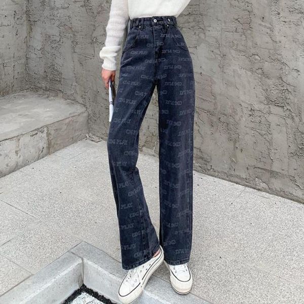 

women's jeans letter printed black women autumn vintage high waist y2k straight trousers loose casual wide leg pants boyfriend, Blue
