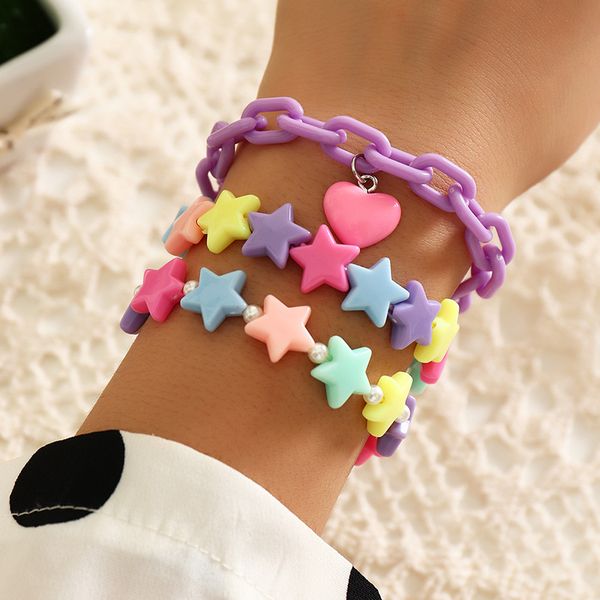 

3pc/set fashion candy color acrylic stars heart charms pendant pearls cute bracelet bangles sets for women girls birthday gifts, Golden;silver