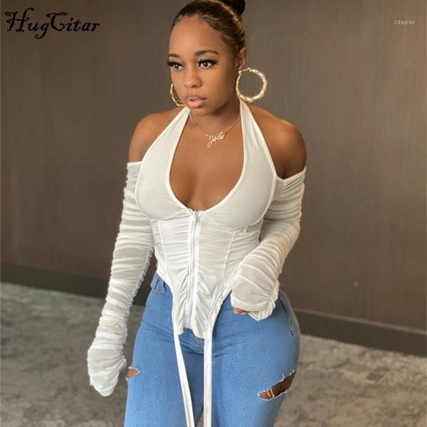

women's t-shirt 2021 long stacked sleeve halter zipper patchwork crop autumn winter women fashion streetwear tshitrs club tees, White
