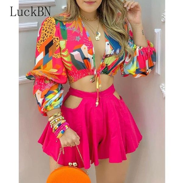 

women's tracksuits women clothing colorblock lantern sleeve & cutout plain shorts set summer casual hollow out shirt 2pcs suit sets, Gray