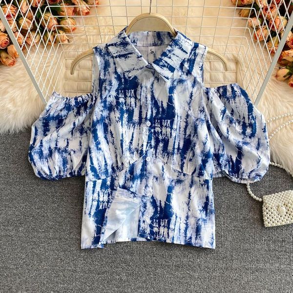 

women's blouses & shirts summer style korean designer tie-dye strapless blouse turn-down collar puff short sleeve shirt for wom, White