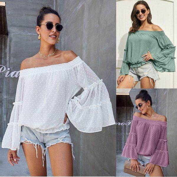 

women's blouses & shirts 2021 trumpet long sleeve chiffon off shoulder herringbone neck hollowed out loose blouse for teenage summer, White