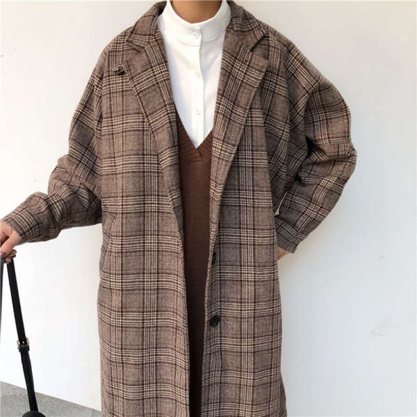 

woolen plaid women's new mid long thickened coat in autumn and winter, Black