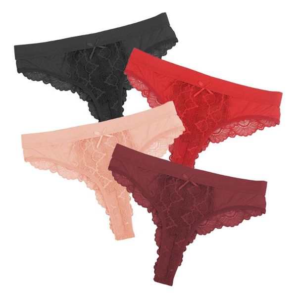 

women's panties lace floral thong ladies mesh yarn perspective t-back lingerie women underwear with bow g string female, Black;pink