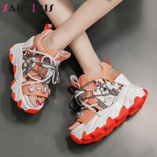 

sandals sarairis wedges rhinestone platform women lace up thick bottom ladies summer punk shoes, Black