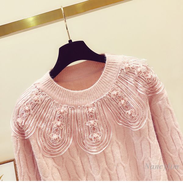 

pink frizzy flower turtleneck women's nightgown 2021 fall and winter new warm wool jumper sweaters j93r, White;black