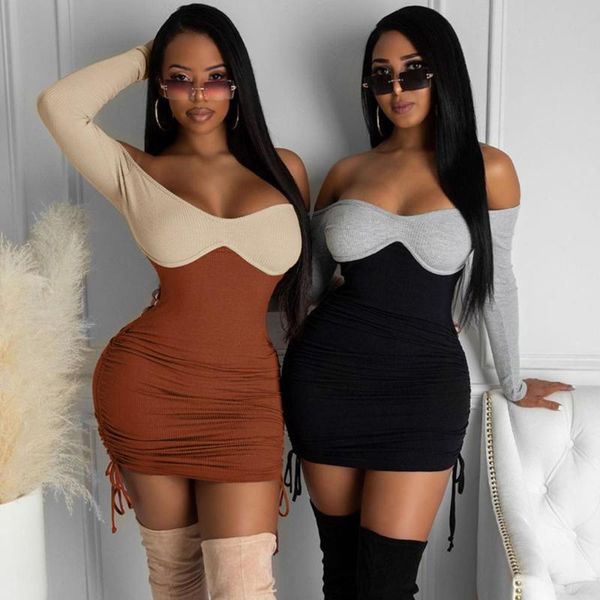 

off shoulder long sleeve bodycon dress for women 2021 winter fall knitted drawstring ruched mini party dress robe femme, Black;gray