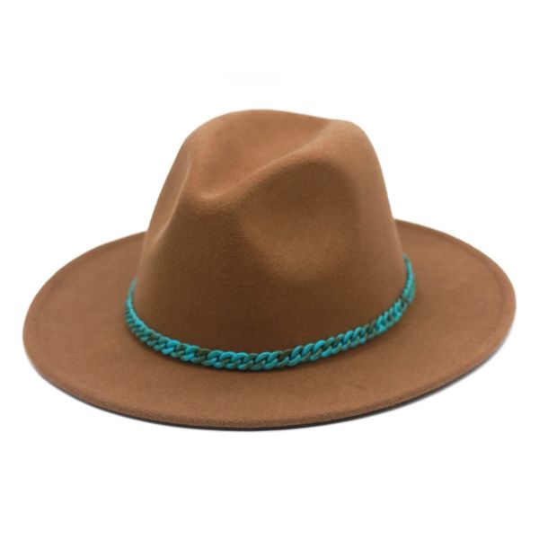 

turquoise chain fedora hat women wide brim cap man woman men jazz caps ladies winter fashion hats, Blue;gray