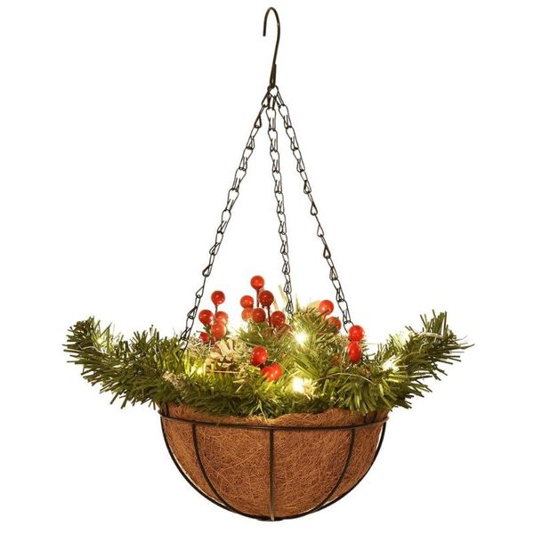 Dekorative Blumenkränze, künstliche Weihnachts-Hängekörbe, Kranz mit Lichtern, Tannenzapfen, Nadeln, Zweige, rote Beerenstiele, Dekor