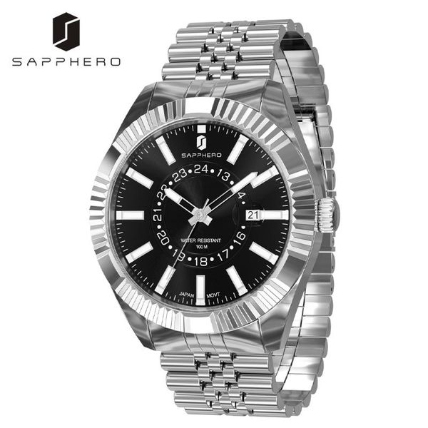 

wristwatches sapphero sport mens watch 100m waterproof miyota movement full steel luxury male quartz clock wristwatch relogio masculino, Slivery;brown