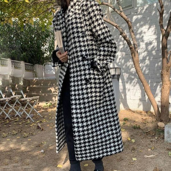 

women's wool & blends long coat double breasted straight woolen blazer overcoat outwear women winter houndstooth jacket, Black