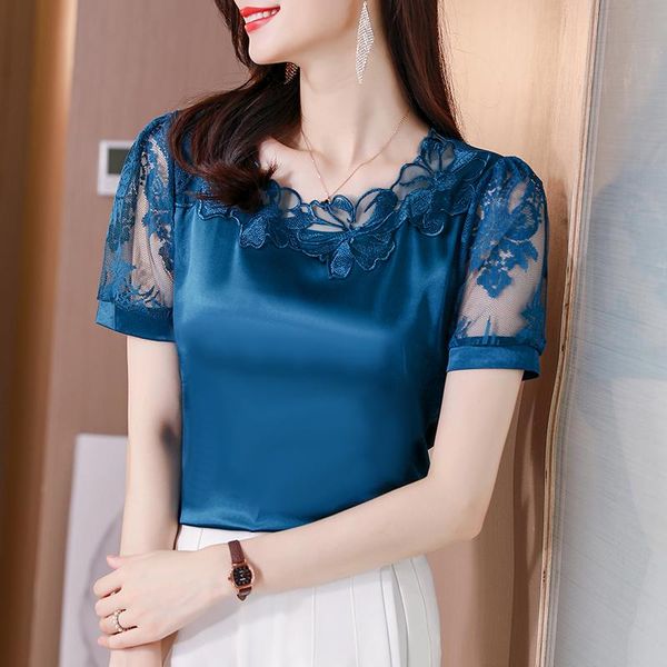 

women's blouses & shirts -4xl plus size women satin stitching lace blouse korean summer short sleeve flower shirt blusa, White