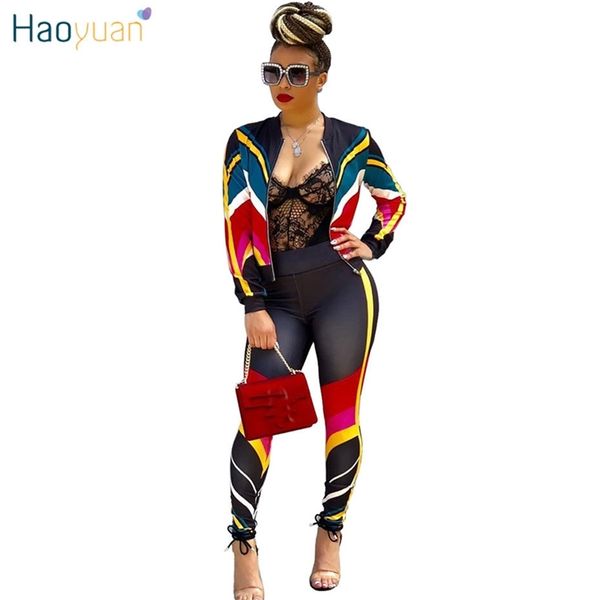 Haoyuan Plus Size 2 Set due pezzi Abbigliamento donna Top con zip a righe + Pantaloni aderenti Tuta sportiva Abiti casual Completi coordinati Tuta Q190507