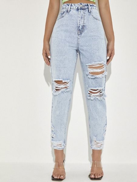 

high waist ripped skinny jeans y239#, Blue