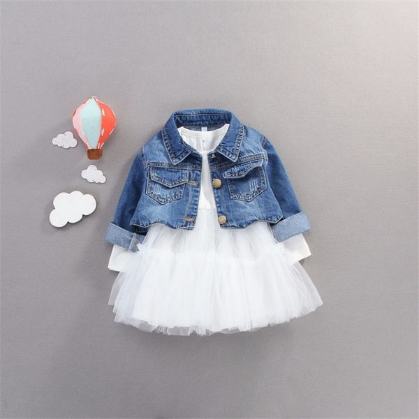 

autumn infant baby girls clothes sets princess denim jacket + dress 2pcs baby girl outfit suits for baby girl clothing set 210225, White