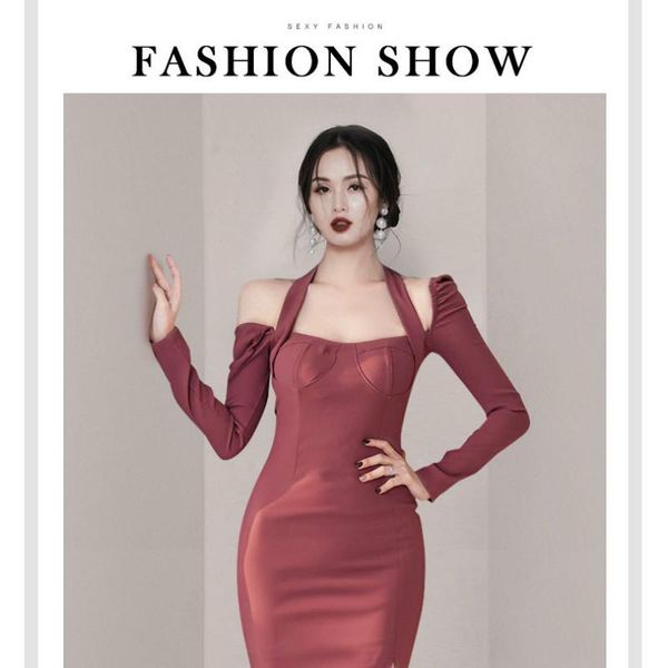 

casual dresses women's 2021 fashion celebrity temperament slim fit medium and long lace up neck split buttock dress, Black;gray