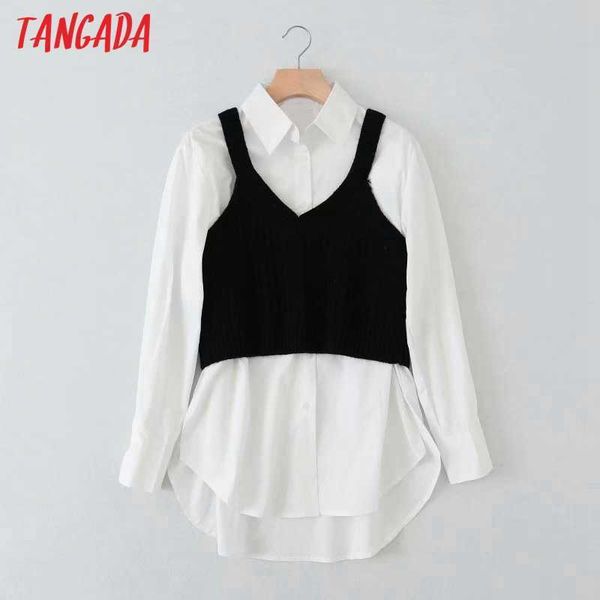 

tangada women white shirt 2 piece with knit camis long sleeve chic female casual shirt 5b16 210609