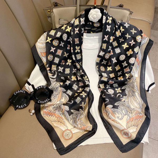 

new style horse city xiuzhi same simulation silk scarf women's 90cm travel decoration multi purpose shawl, Blue;gray