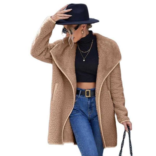 

women's trench coats women autumn long coat fashion winter fur lambswool windbreaker turndown collar drop, Tan;black