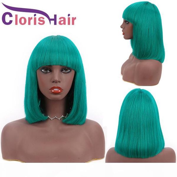 

short bob wig peruvian remy straight front non lace natural human hair wigs with bangs 150% density fringe wig green colored glueless wig, Black;brown