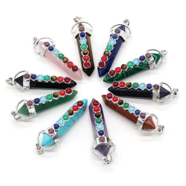 

charms natural stone pendulum 7 chakra reiki healing alloy crystal pendant hexagon point charm diy necklace jewelry making accessories, Bronze;silver