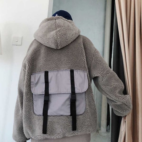 

plus velvet thickening hong kong wind winter new lamb fur tide hoodie men's solid color pullover gray / black / white m-2xl