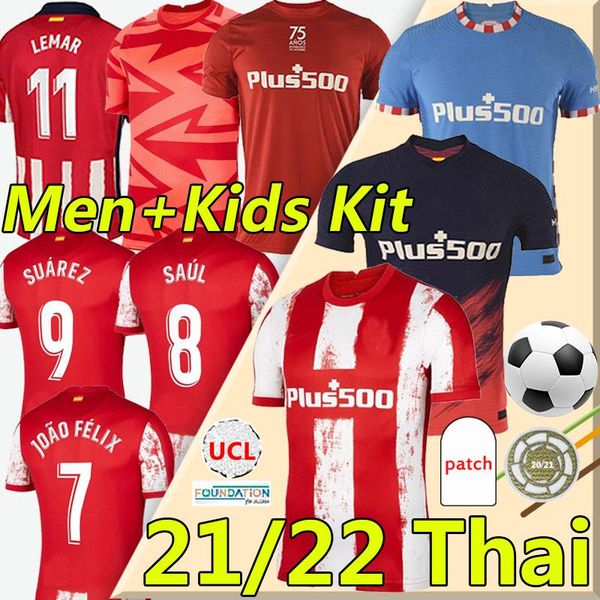 

21/22 atletico soccer jerseys de madrid joão félix 2021 2022 suarez correa koke dembélé carrasco m.llorente saul lemar dembele men kits foot, Black;yellow
