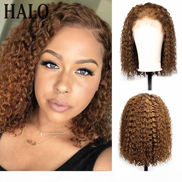 

brown color short kinky curly human hair bob closure wig for black women preplucked 13x4 synthetic lace front wig with baby hair, Black;brown