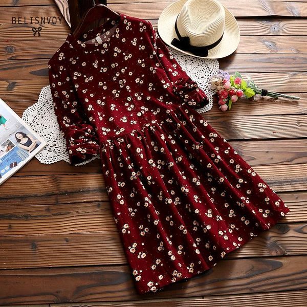 

new autumn and winter dresses red blue color floral print long sleeve dress o neck corduroy preppy dress 210302, Black;gray