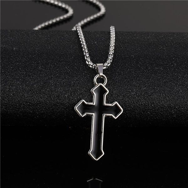 

chains trendy black cross pendant necklace dripping oil fashion hip hop men&women all match chain simple vintage gift jewelry, Silver