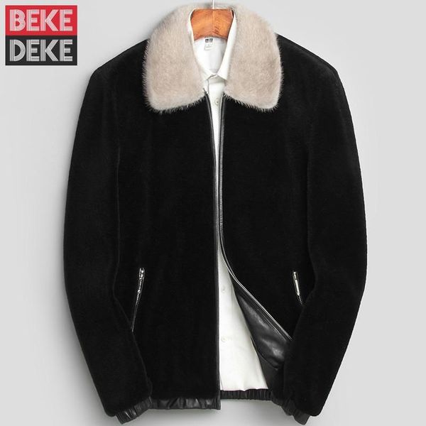 

men's leather & faux autumn business man office work real fur jacket short slim fit wool coat spliced sheep shearing mink collar bomber, Black