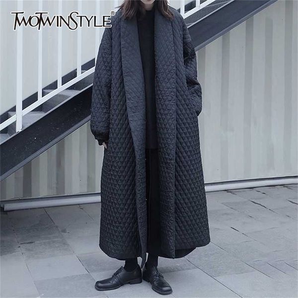 

twotwinstyle splicing argyle mid parkas for women v neck long sleeve casual solid cotton coat female fashion winter stylish 211216, Black