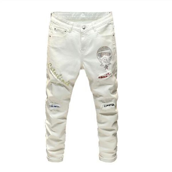 

New Male Fashion Crystal Snippets White Streetwear Fine Design Woven Jeans 1c6r, Blue