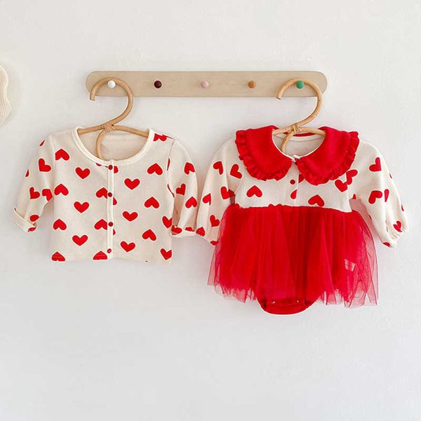 

infant baby girls long sleeve loving heart cardigan coat + rompers clothing sets autumn winter kids girl thicken clothes sui, White