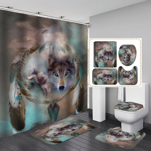 

shower curtains wolf dreamcatcher printed bathroom curtain set non-slip rugs toilet lid cover and bath mat carpet waterproof 3d