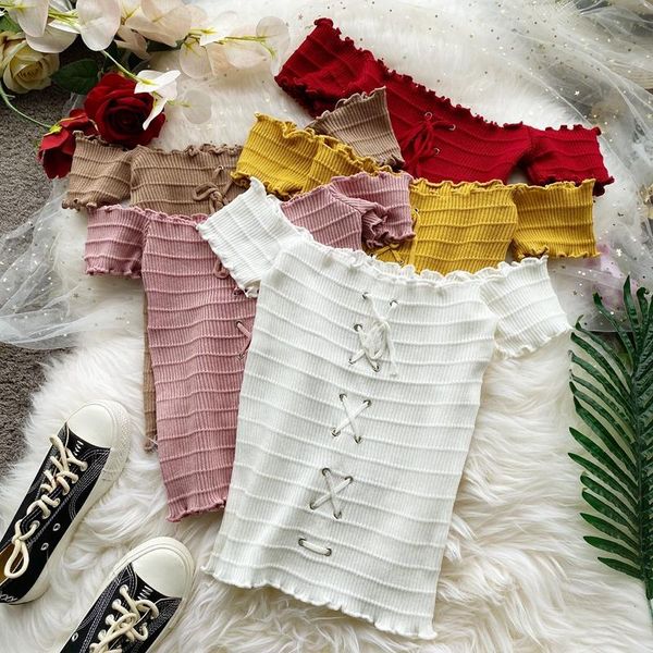 

women's t-shirt summer 2021 strapless knit short-sleeved female short section high waist tight wooden ears word shoulder h00612, White