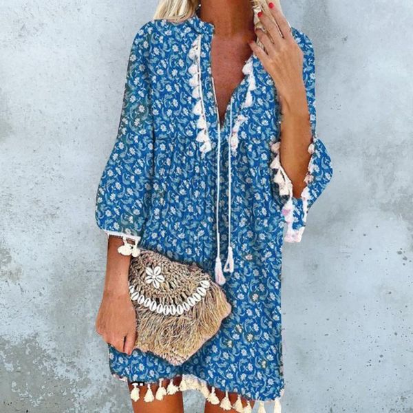 

casual dresses vintage tassel floral mini dress women spring summer loose beach lady elegant v neck 3/4 sleeve party, Black;gray