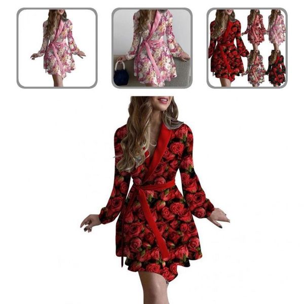 

casual dresses women dress charming rose flower print wrap v-neck lapel above knee party, Black;gray