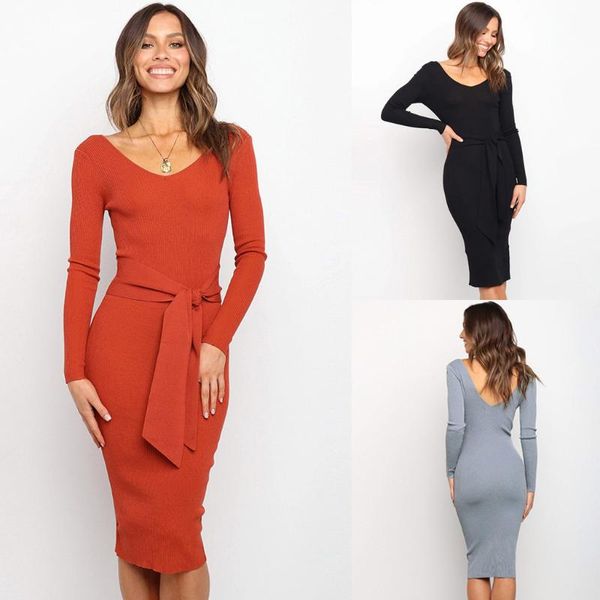 

solid bandage slim dress ladies fashion office backless v-neck bodycon dress women casual evening party vestido de fest, Black;gray