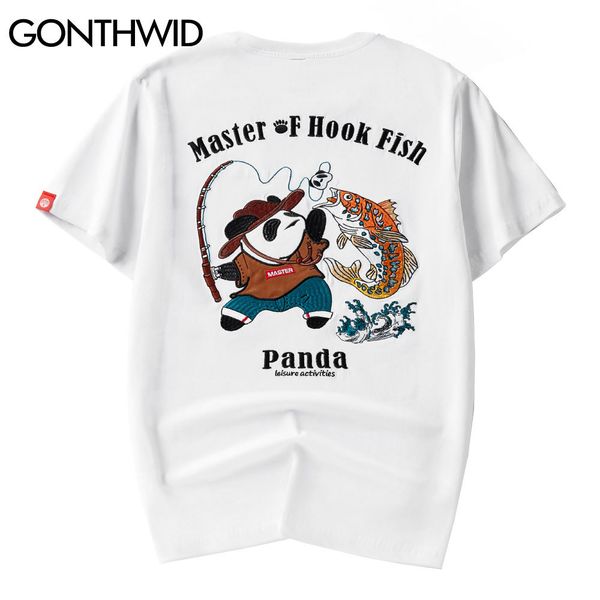 

gonthwid tshirt casual harajuku streetwear hip hop men panda fish wave embroidery short sleeve cotton t-shirts fashion tees c0315, White;black