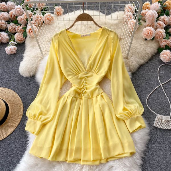 

deep v-neck party mini dress for women yellow lantern long sleeve slim draped vestidos casual female club robe 2021 new, Black;gray