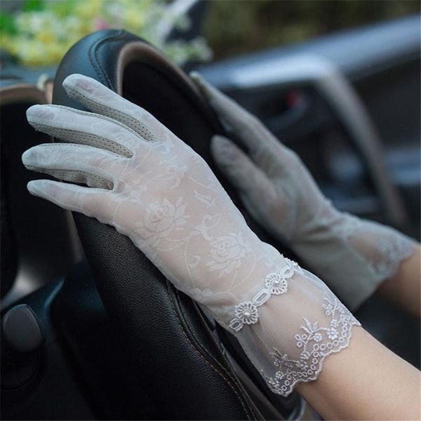 

women touch screen sunscreen silk gloves fashion summer thin section lace flower breathable gloves 3-majj02, Blue;gray