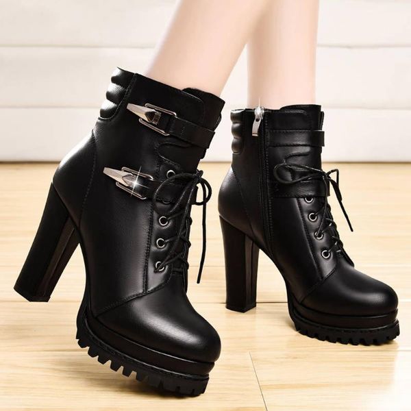 

boots fashion winter warm womens casual thick-soled cross-strap motorcycle high heel short shoes college pu, Black