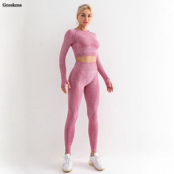 

yoga outfit high waist pants+long sleeve crop women two piece set fitness gym suits seamless running sportswear clothing workout