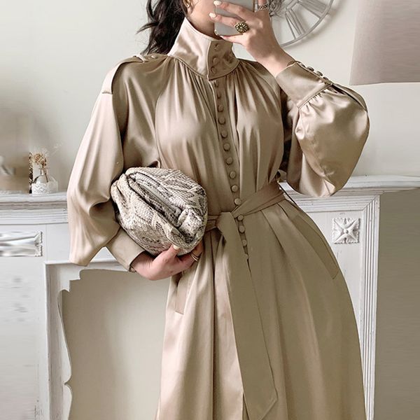 

2021 New Fashion Vintage Female Winter Released Single-breasted Lantern Tall Waist Thin Maxi Dress Nkjb, Black;gray