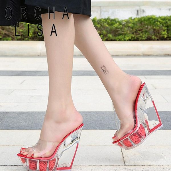 

sandals orcha lisa 2021 women open toe 8.5cm wedges platform flower transparent slip-on stylish club party b2287, Black