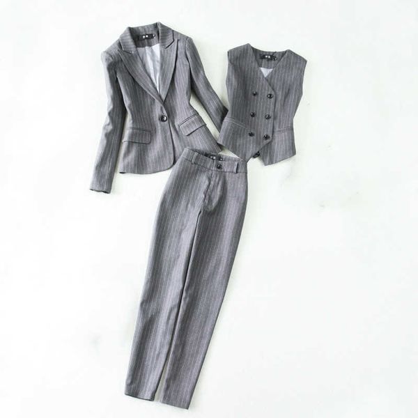 

business attire female three-piece high-end women's suit pants vest slim-fit striped ladies jacket office work clothes 210527, White