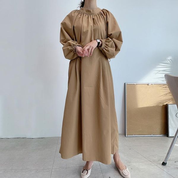 

casual dresses korean early autumn french vestidos women's stand-up collar side drawstring tie waist knee-length puff sleeve midi dress, Black;gray