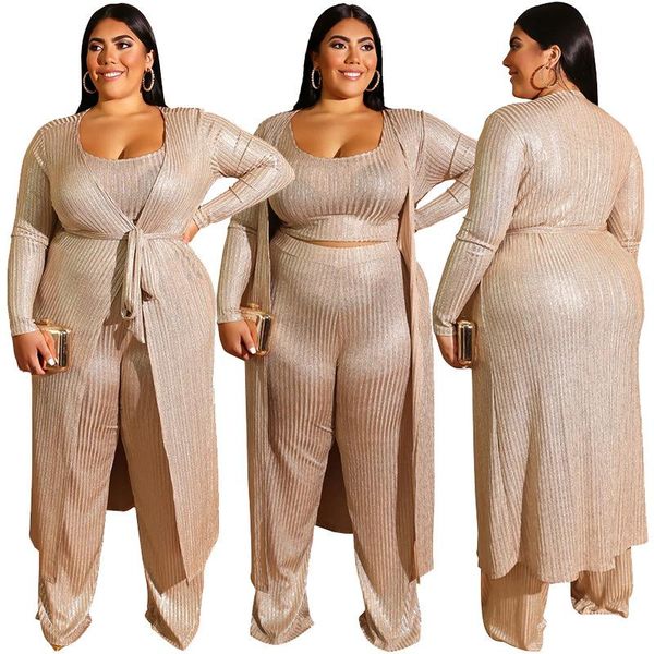 

women's tracksuits plus size women champagne three pieces outfits spring autumn long sleeves cardigan coat tank + pants casual wide sui, Gray
