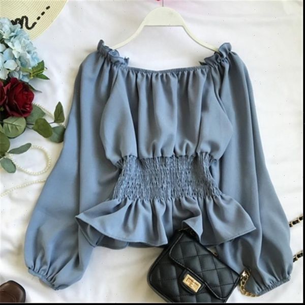 

2021 summer new lantern sleeve chiffon women blouse and shirts solid slim slash neck ruffles lady shirts outwear z1698, White